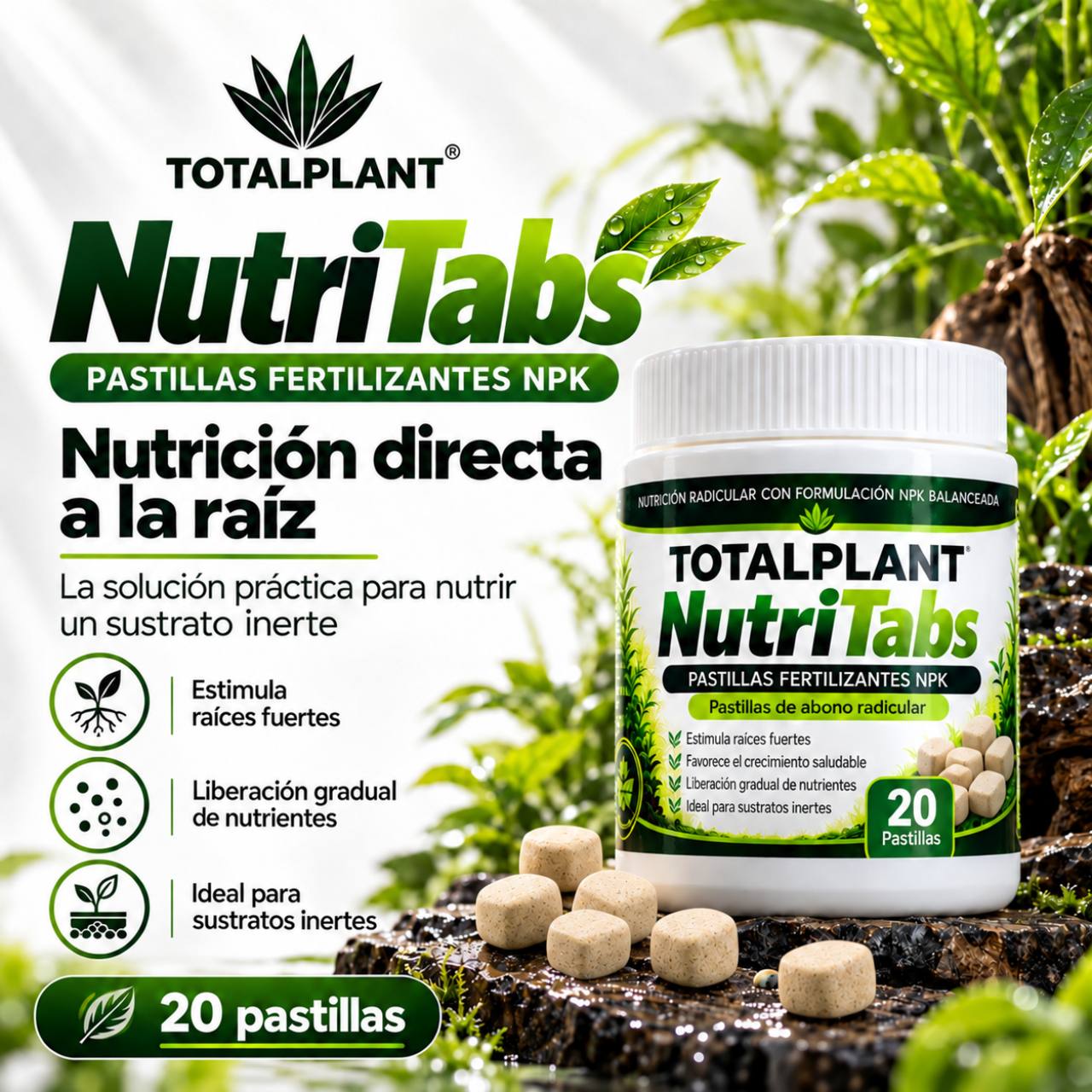 Totalplant NutriTabs, pastillas fertilizantes NPK de nutrición radicular. Presentación de 20 pastillas.